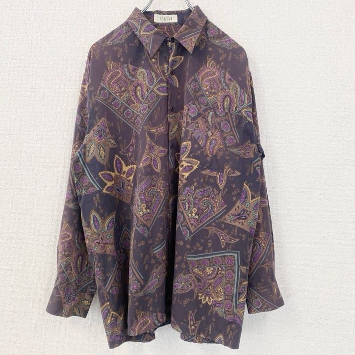 古着 used　長袖プリント柄シャツ　総柄　ペイズリー　紫　パープル　胸ポケット　レトロデザイン　Lサイズ