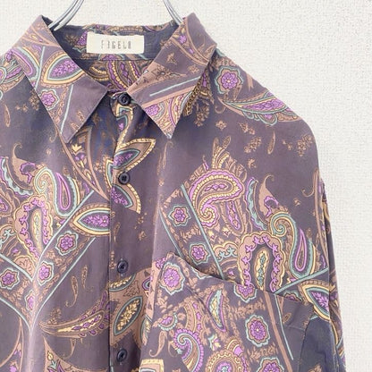 古着 used　長袖プリント柄シャツ　総柄　ペイズリー　紫　パープル　胸ポケット　レトロデザイン　Lサイズ