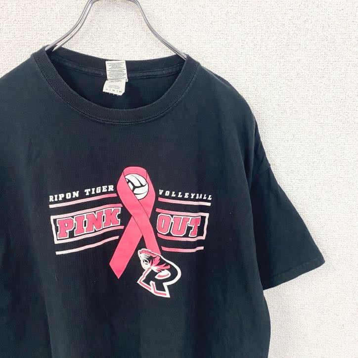 古着 used　GILDAN　ギルダン　半袖デザインプリントTシャツ　バレーボール　PINK OUT　Tiger　黒　XLサイズ