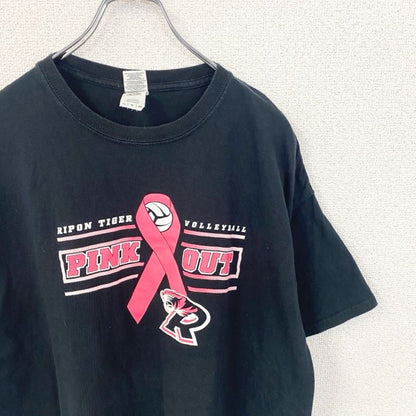 古着 used　GILDAN　ギルダン　半袖デザインプリントTシャツ　バレーボール　PINK OUT　Tiger　黒　XLサイズ