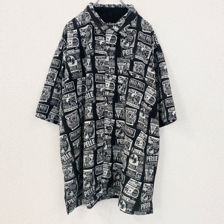 古着 used　PELLE PELLE　長袖プリント柄シャツ　総柄　黒　ブラック　レトロデザイン　XXLサイズ