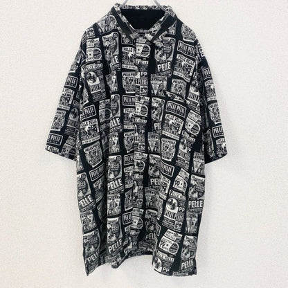 古着 used　PELLE PELLE　長袖プリント柄シャツ　総柄　黒　ブラック　レトロデザイン　XXLサイズ