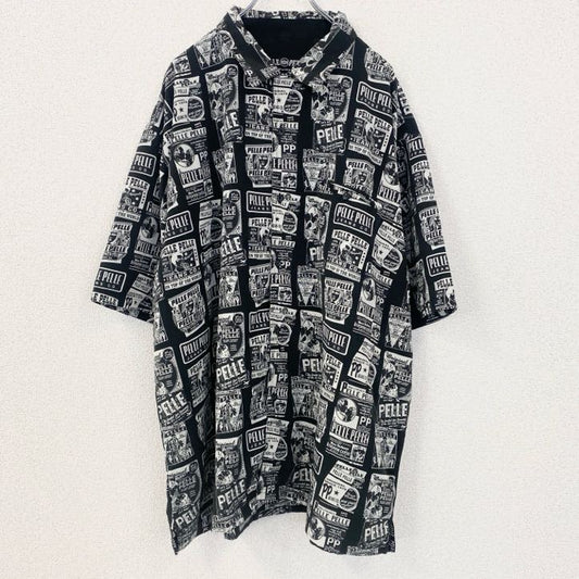古着 used　PELLE PELLE　長袖プリント柄シャツ　総柄　黒　ブラック　レトロデザイン　XXLサイズ