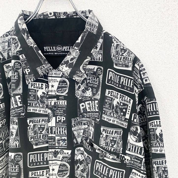 古着 used　PELLE PELLE　長袖プリント柄シャツ　総柄　黒　ブラック　レトロデザイン　XXLサイズ