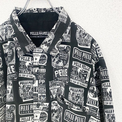 古着 used　PELLE PELLE　長袖プリント柄シャツ　総柄　黒　ブラック　レトロデザイン　XXLサイズ