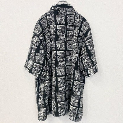 古着 used　PELLE PELLE　長袖プリント柄シャツ　総柄　黒　ブラック　レトロデザイン　XXLサイズ