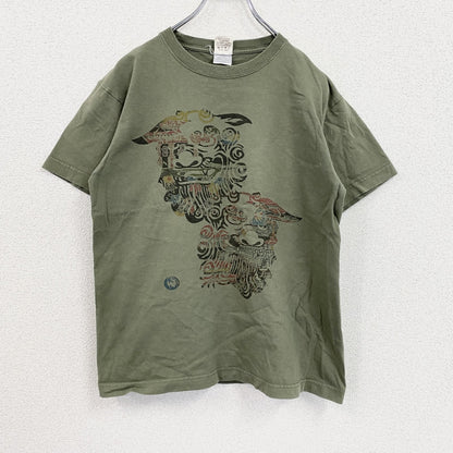 RYUKYU PIRAS　半袖プリントTシャツ　シーサー　獣像　ビックデザイン　クルーネック　カーキ　Lサイズ
