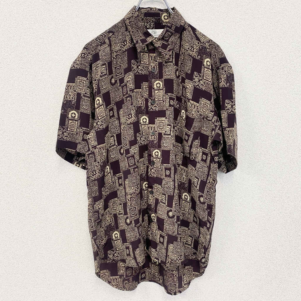 古着 used　SABLINA VALENTINO　半袖総柄シャツ　幾何学模様　胸ポケット　茶色　ブラウン　レトロ　Mサイズ