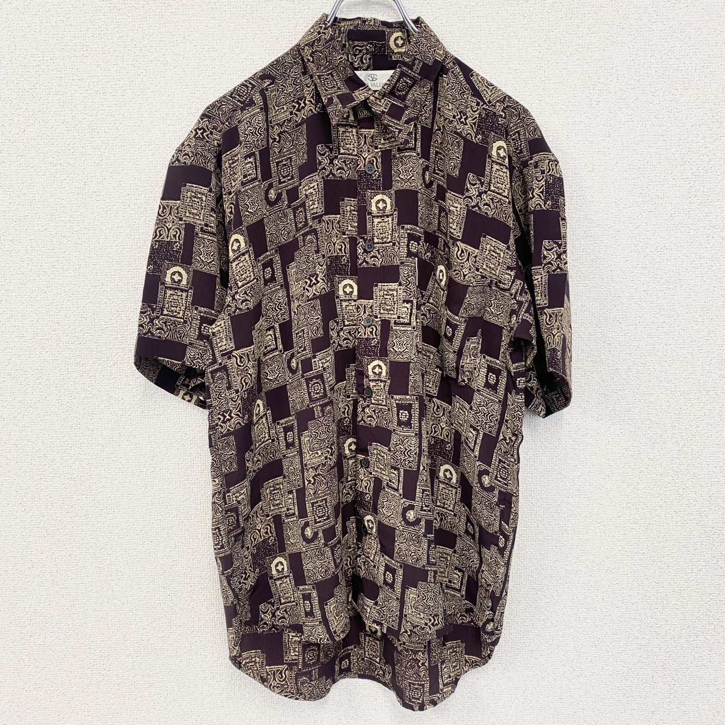 古着 used　SABLINA VALENTINO　半袖総柄シャツ　幾何学模様　胸ポケット　茶色　ブラウン　レトロ　Mサイズ