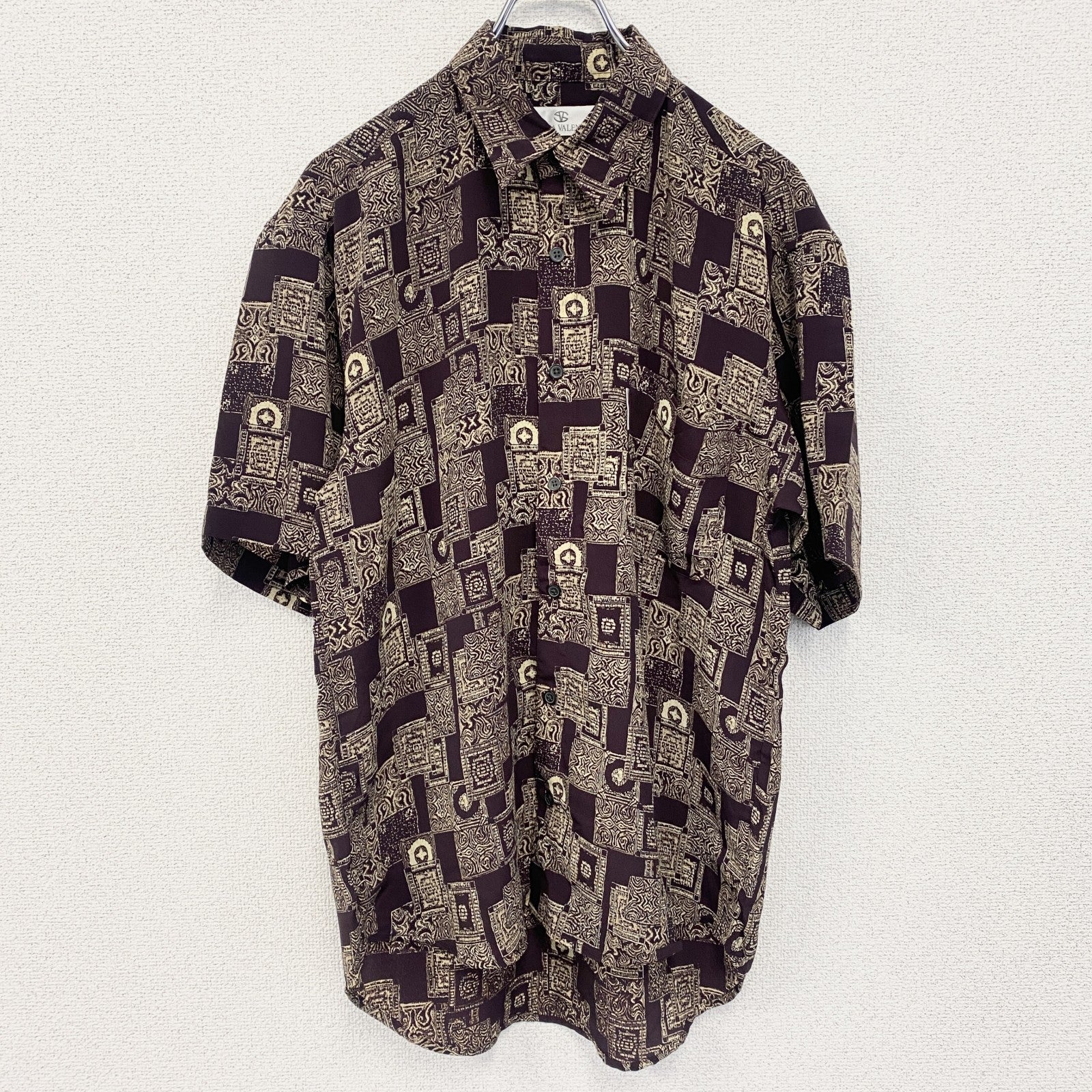 古着 used　SABLINA VALENTINO　半袖総柄シャツ　幾何学模様　胸ポケット　茶色　ブラウン　レトロ　Mサイズ