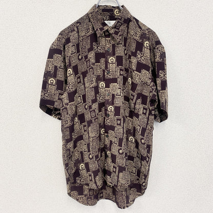 古着 used　SABLINA VALENTINO　半袖総柄シャツ　幾何学模様　胸ポケット　茶色　ブラウン　レトロ　Mサイズ