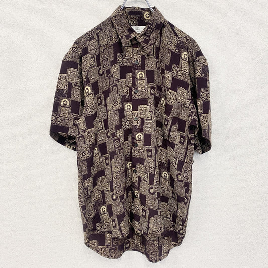 古着 used　SABLINA VALENTINO　半袖総柄シャツ　幾何学模様　胸ポケット　茶色　ブラウン　レトロ　Mサイズ
