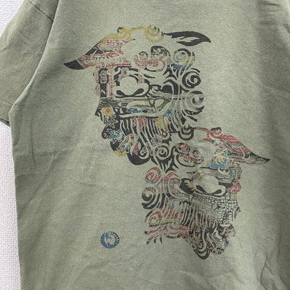 RYUKYU PIRAS　半袖プリントTシャツ　シーサー　獣像　ビックデザイン　クルーネック　カーキ　Lサイズ
