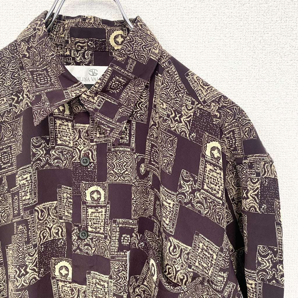 古着 used　SABLINA VALENTINO　半袖総柄シャツ　幾何学模様　胸ポケット　茶色　ブラウン　レトロ　Mサイズ