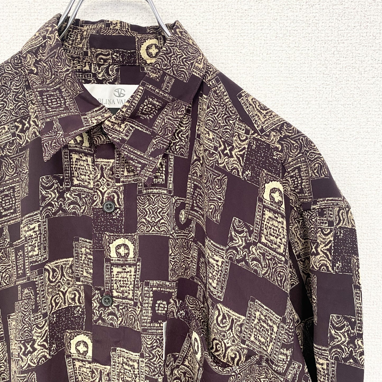 古着 used　SABLINA VALENTINO　半袖総柄シャツ　幾何学模様　胸ポケット　茶色　ブラウン　レトロ　Mサイズ