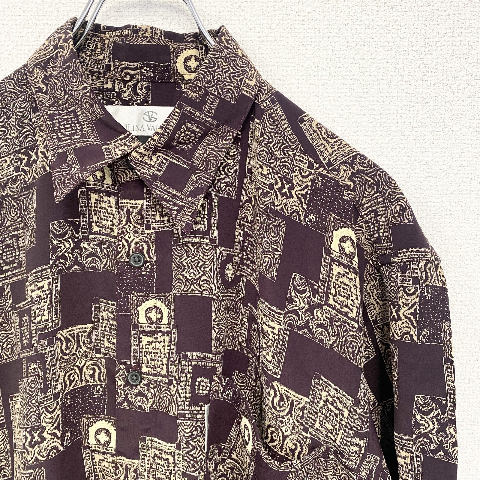 古着 used　SABLINA VALENTINO　半袖総柄シャツ　幾何学模様　胸ポケット　茶色　ブラウン　レトロ　Mサイズ