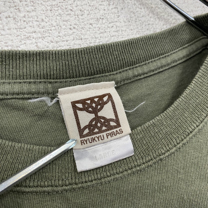 RYUKYU PIRAS　半袖プリントTシャツ　シーサー　獣像　ビックデザイン　クルーネック　カーキ　Lサイズ