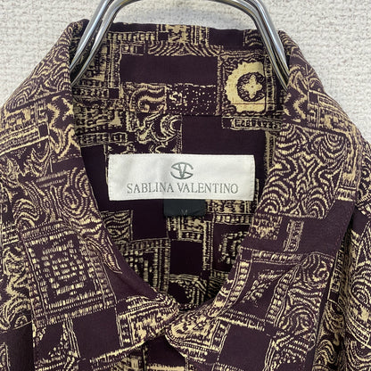 古着 used　SABLINA VALENTINO　半袖総柄シャツ　幾何学模様　胸ポケット　茶色　ブラウン　レトロ　Mサイズ
