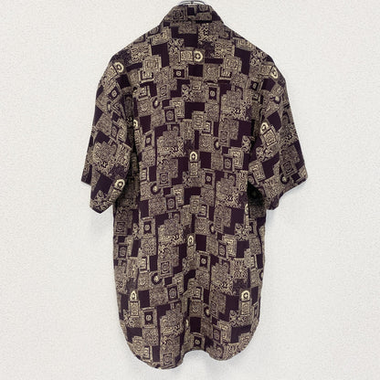 古着 used　SABLINA VALENTINO　半袖総柄シャツ　幾何学模様　胸ポケット　茶色　ブラウン　レトロ　Mサイズ