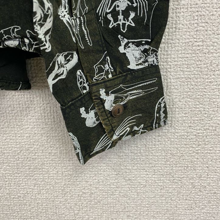 CARDCHE　長袖総柄デザインアニマルシャツ　アロハシャツ　スカル　骸骨　マルチカラー　モスグリーン　Lサイズ