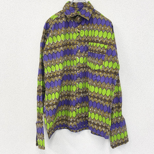 古着 used　長袖プリント柄シャツ　総柄　鱗柄　紫　パープル　黄緑　ライトグリーン　レトロデザイン　派手柄　個性的