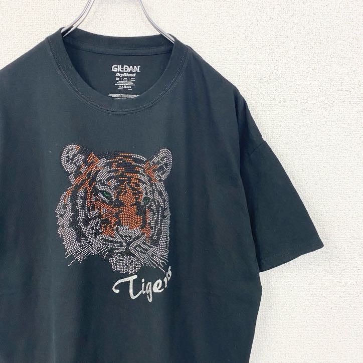古着 used　GILDAN　ギルダン　半袖アニマルデザインTシャツ　トラ　Tiger　動物　ラインストーン　黒　Lサイズ