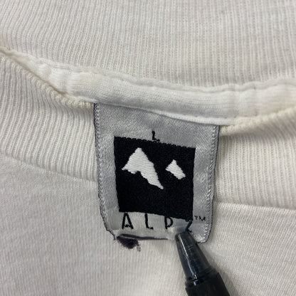 古着 used　ALPZ　アルプツ　半袖プリントTシャツ　白　カジュアルデザイン　クルーネック　シングルステッチ　90s　Lサイズ
