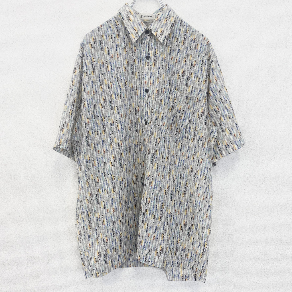 古着 used　Bonton　半袖プリント総柄シャツ　レトロデザイン　幾何学　胸ポケット　カラフル　カジュアル　