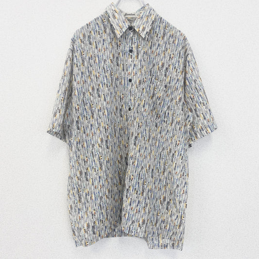 古着 used　Bonton　半袖プリント総柄シャツ　レトロデザイン　幾何学　胸ポケット　カラフル　カジュアル　