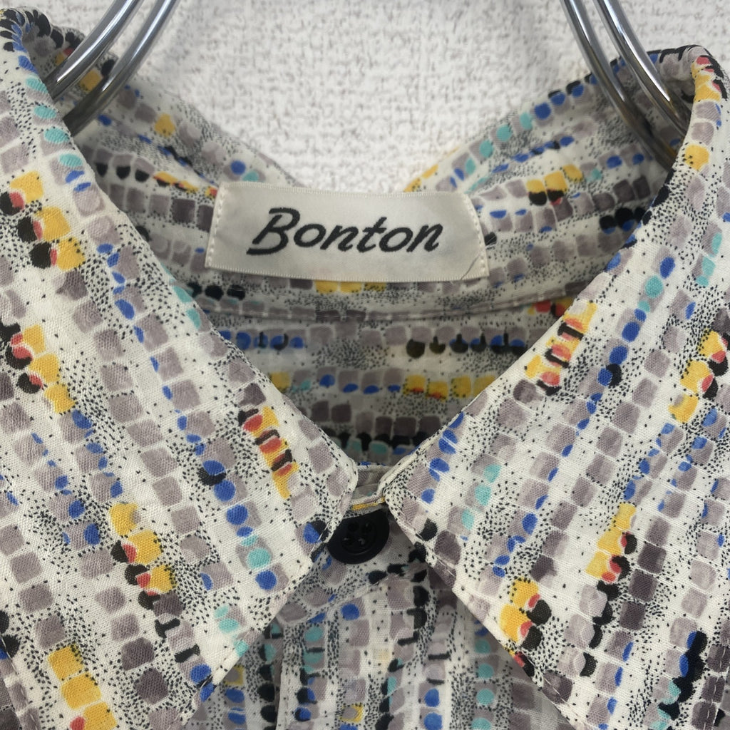 古着 used　Bonton　半袖プリント総柄シャツ　レトロデザイン　幾何学　胸ポケット　カラフル　カジュアル　