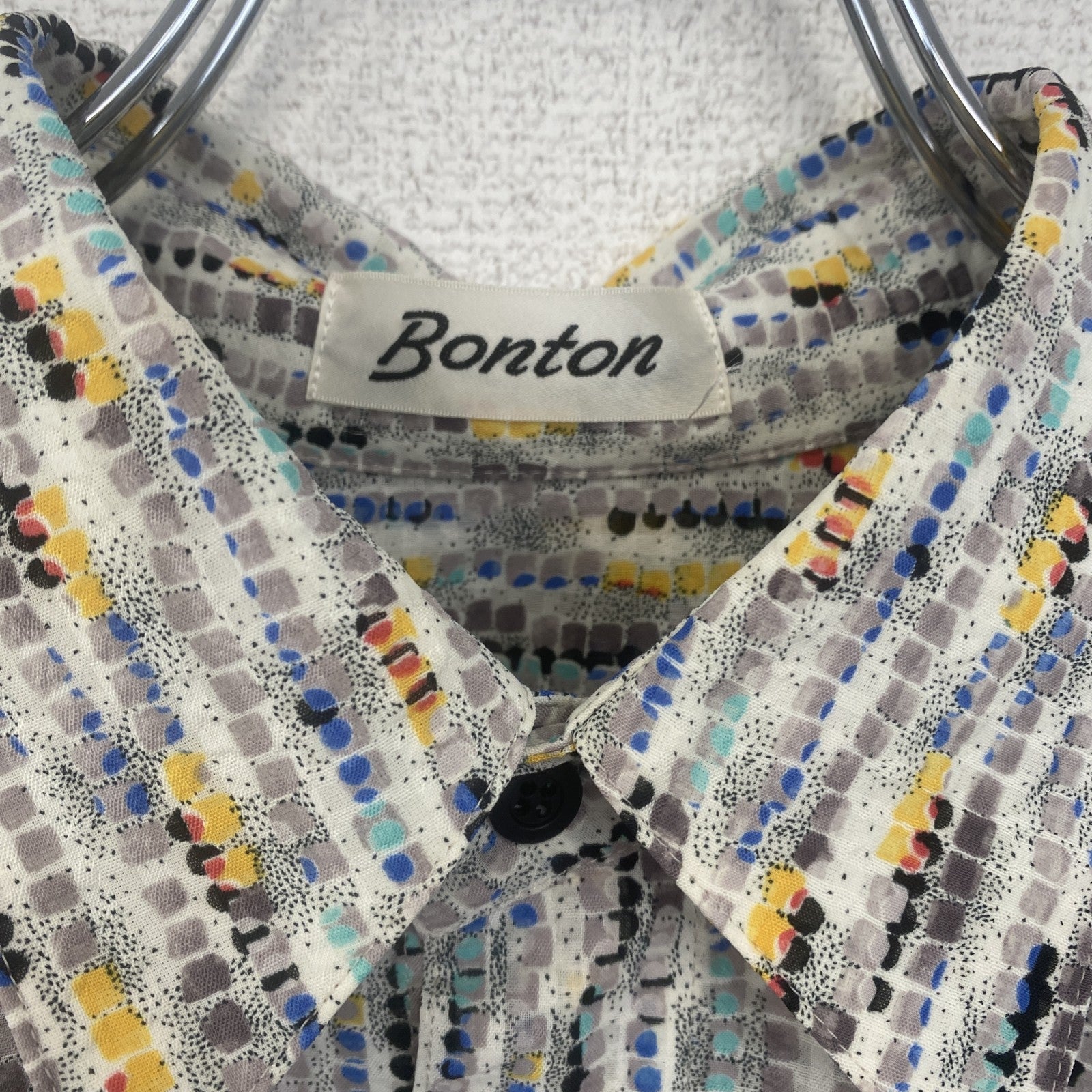 古着 used　Bonton　半袖プリント総柄シャツ　レトロデザイン　幾何学　胸ポケット　カラフル　カジュアル　