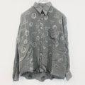 古着 used　yvesDORSsey　半袖プリント総柄シャツ　レトロデザイン　エンブレム　幾何学　胸ポケット　グレー　灰　