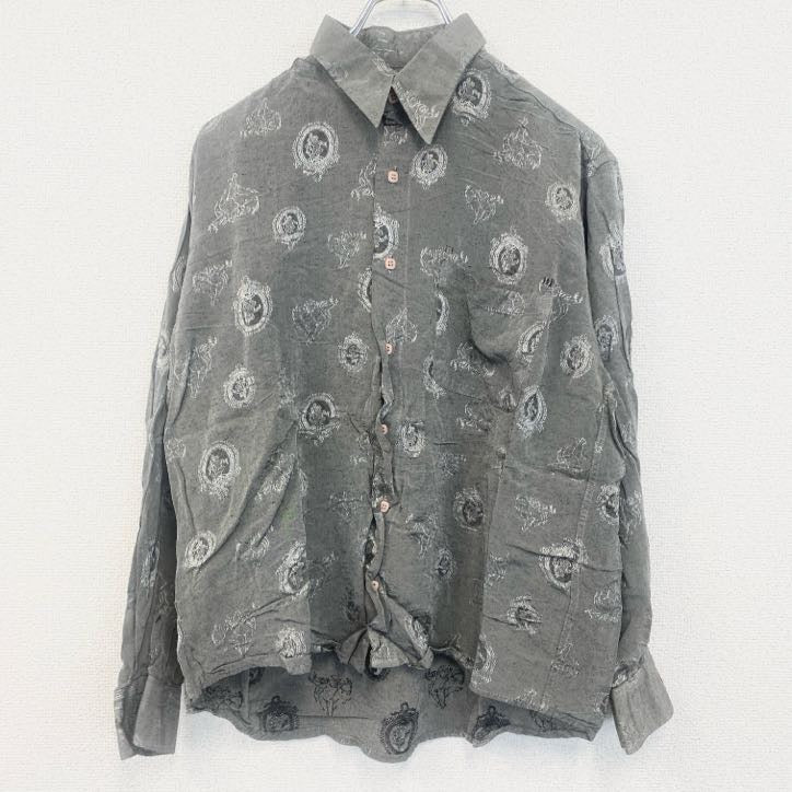 古着 used　yvesDORSsey　半袖プリント総柄シャツ　レトロデザイン　エンブレム　幾何学　胸ポケット　グレー　灰　