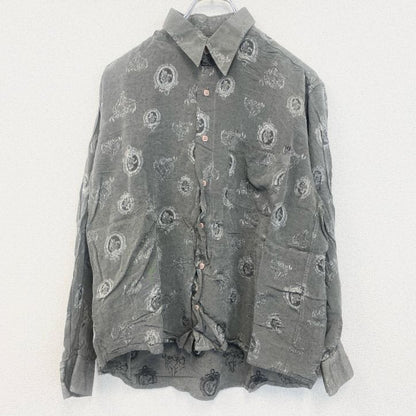 古着 used　yvesDORSsey　半袖プリント総柄シャツ　レトロデザイン　エンブレム　幾何学　胸ポケット　グレー　灰　