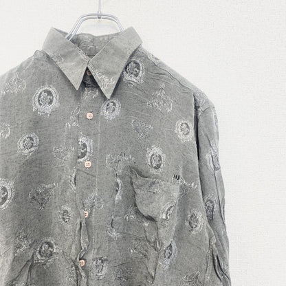 古着 used　yvesDORSsey　半袖プリント総柄シャツ　レトロデザイン　エンブレム　幾何学　胸ポケット　グレー　灰　
