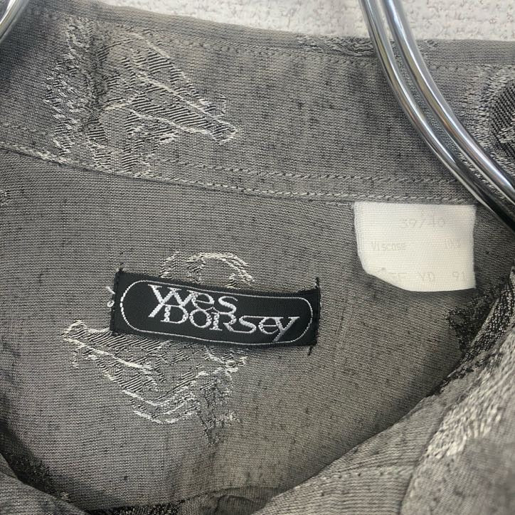 古着 used　yvesDORSsey　半袖プリント総柄シャツ　レトロデザイン　エンブレム　幾何学　胸ポケット　グレー　灰　