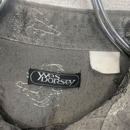 古着 used　yvesDORSsey　半袖プリント総柄シャツ　レトロデザイン　エンブレム　幾何学　胸ポケット　グレー　灰　