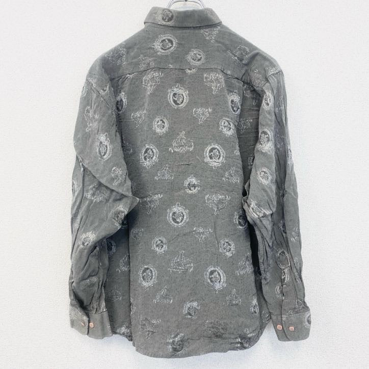 古着 used　yvesDORSsey　半袖プリント総柄シャツ　レトロデザイン　エンブレム　幾何学　胸ポケット　グレー　灰　