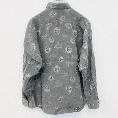 古着 used　yvesDORSsey　半袖プリント総柄シャツ　レトロデザイン　エンブレム　幾何学　胸ポケット　グレー　灰　