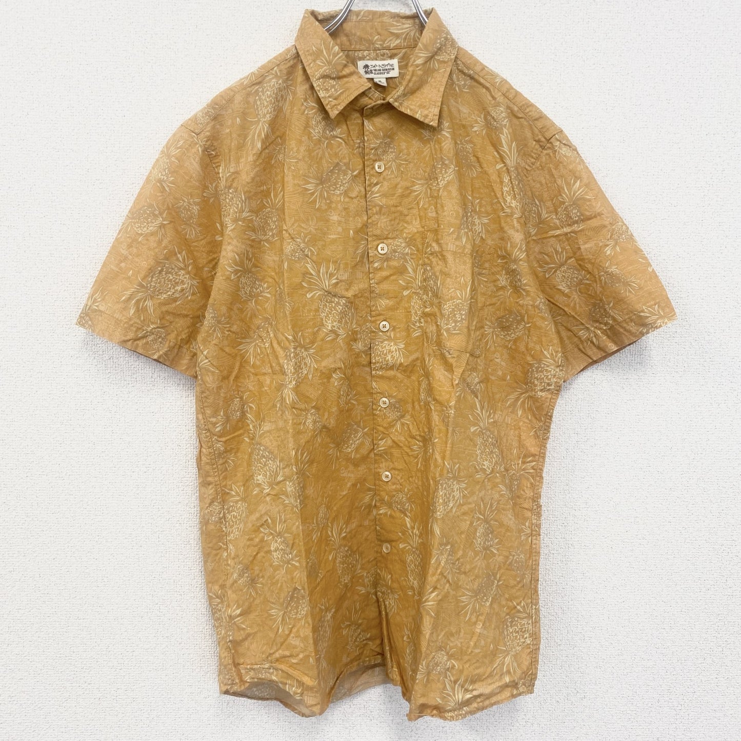 古着 used　UNIQLO　ユニクロ　イオラニ　半袖プリント総柄シャツ　レトロデザイン　パイナップル　アロハ　黄色　XLサイズ