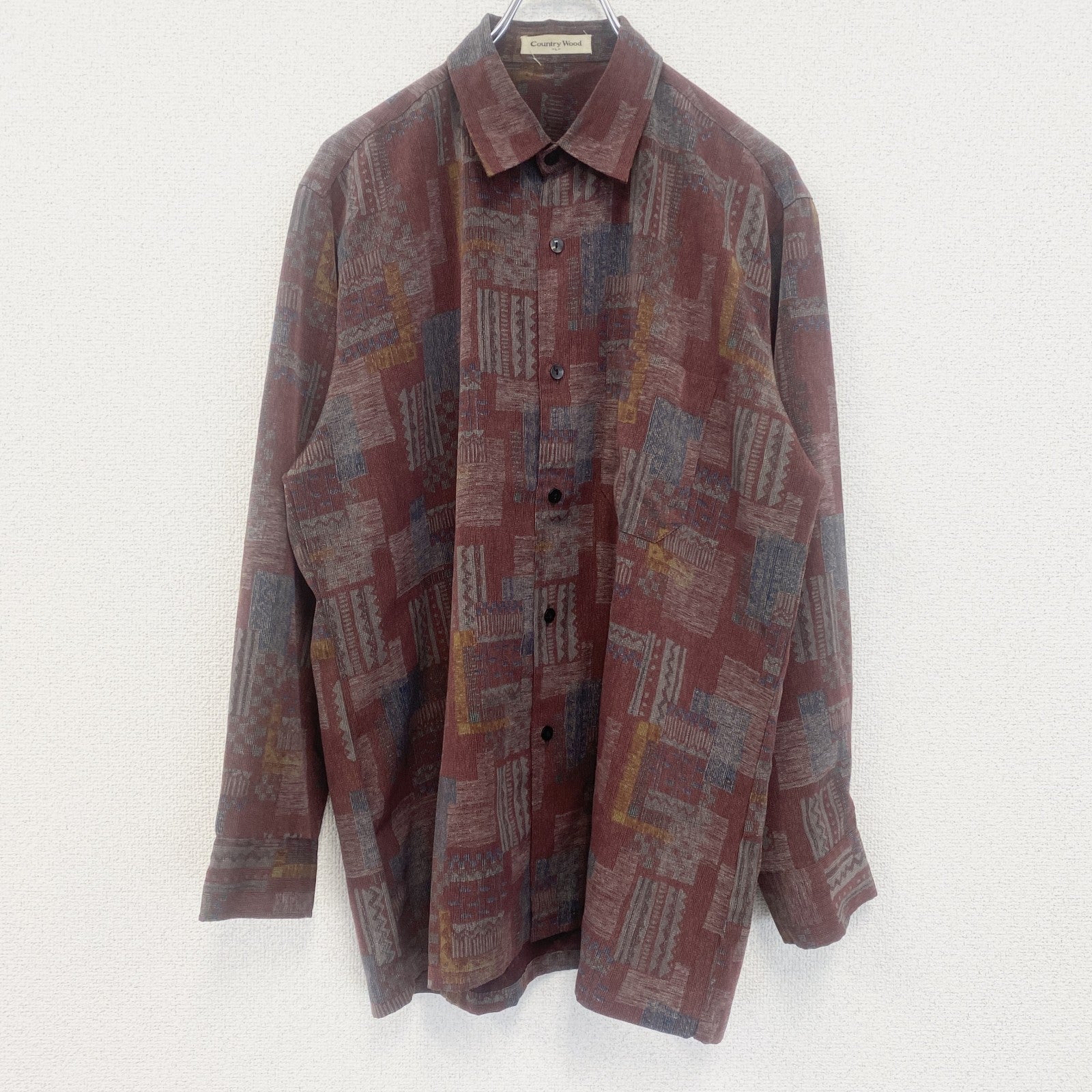 古着 used　Country Wood　長袖プリント総柄シャツ　レトロデザイン　幾何学　民族　赤　紅　Lサイズ