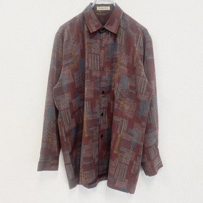 古着 used　Country Wood　長袖プリント総柄シャツ　レトロデザイン　幾何学　民族　赤　紅　Lサイズ