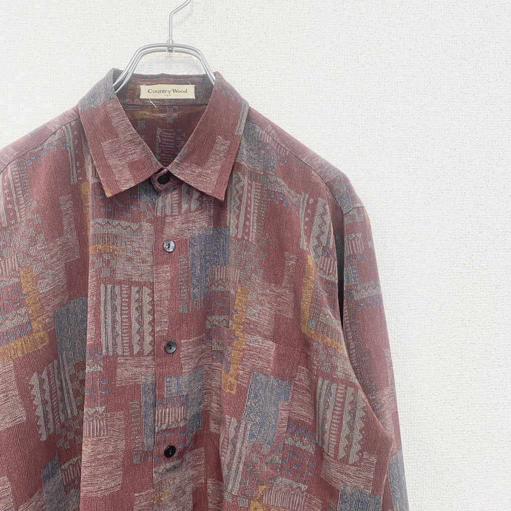 古着 used　Country Wood　長袖プリント総柄シャツ　レトロデザイン　幾何学　民族　赤　紅　Lサイズ