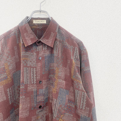 古着 used　Country Wood　長袖プリント総柄シャツ　レトロデザイン　幾何学　民族　赤　紅　Lサイズ