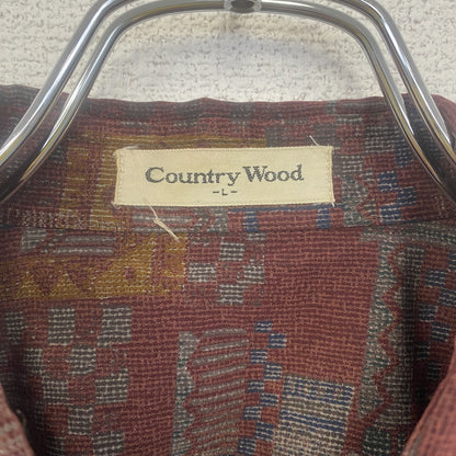 古着 used　Country Wood　長袖プリント総柄シャツ　レトロデザイン　幾何学　民族　赤　紅　Lサイズ