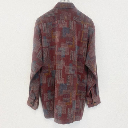 古着 used　Country Wood　長袖プリント総柄シャツ　レトロデザイン　幾何学　民族　赤　紅　Lサイズ