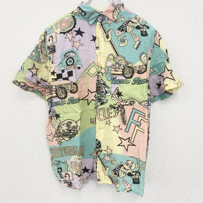 古着 used　半袖プリント総柄シャツ　レトロデザイン　車　トロフィー　レース　レーシングカー　カラフル　胸ポケット
