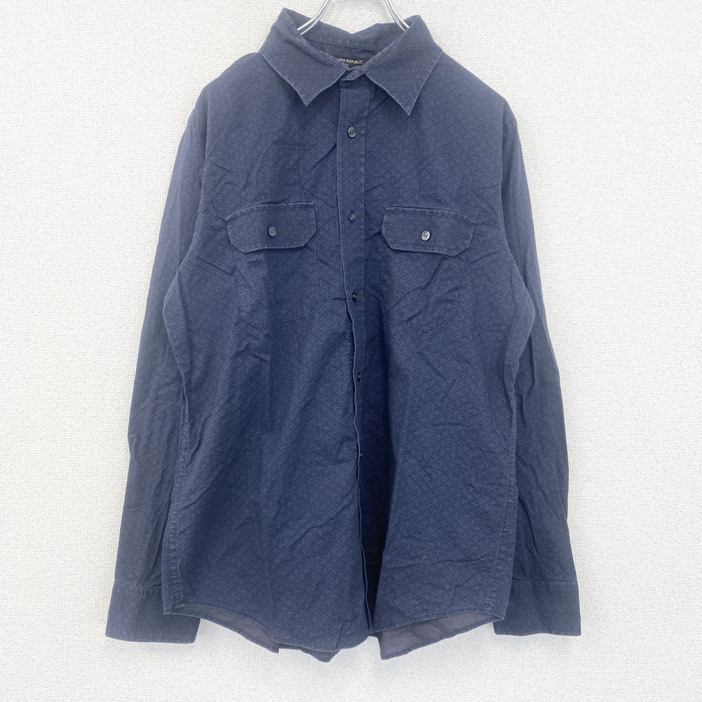 古着 used　BANANA REPUBLIC　半袖プリント総柄シャツ　レトロデザイン　胸ポケット　紺　Lサイズ