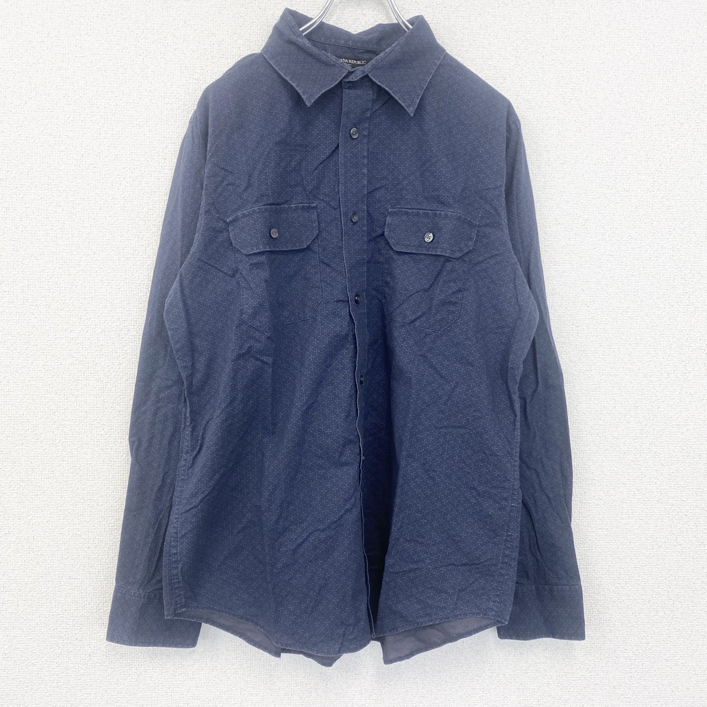 古着 used　BANANA REPUBLIC　半袖プリント総柄シャツ　レトロデザイン　胸ポケット　紺　Lサイズ