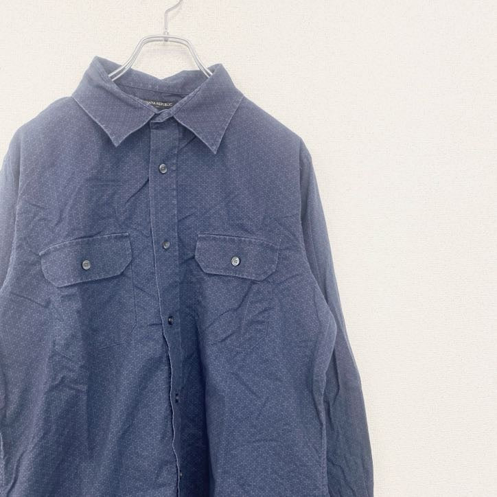 古着 used　BANANA REPUBLIC　半袖プリント総柄シャツ　レトロデザイン　胸ポケット　紺　Lサイズ